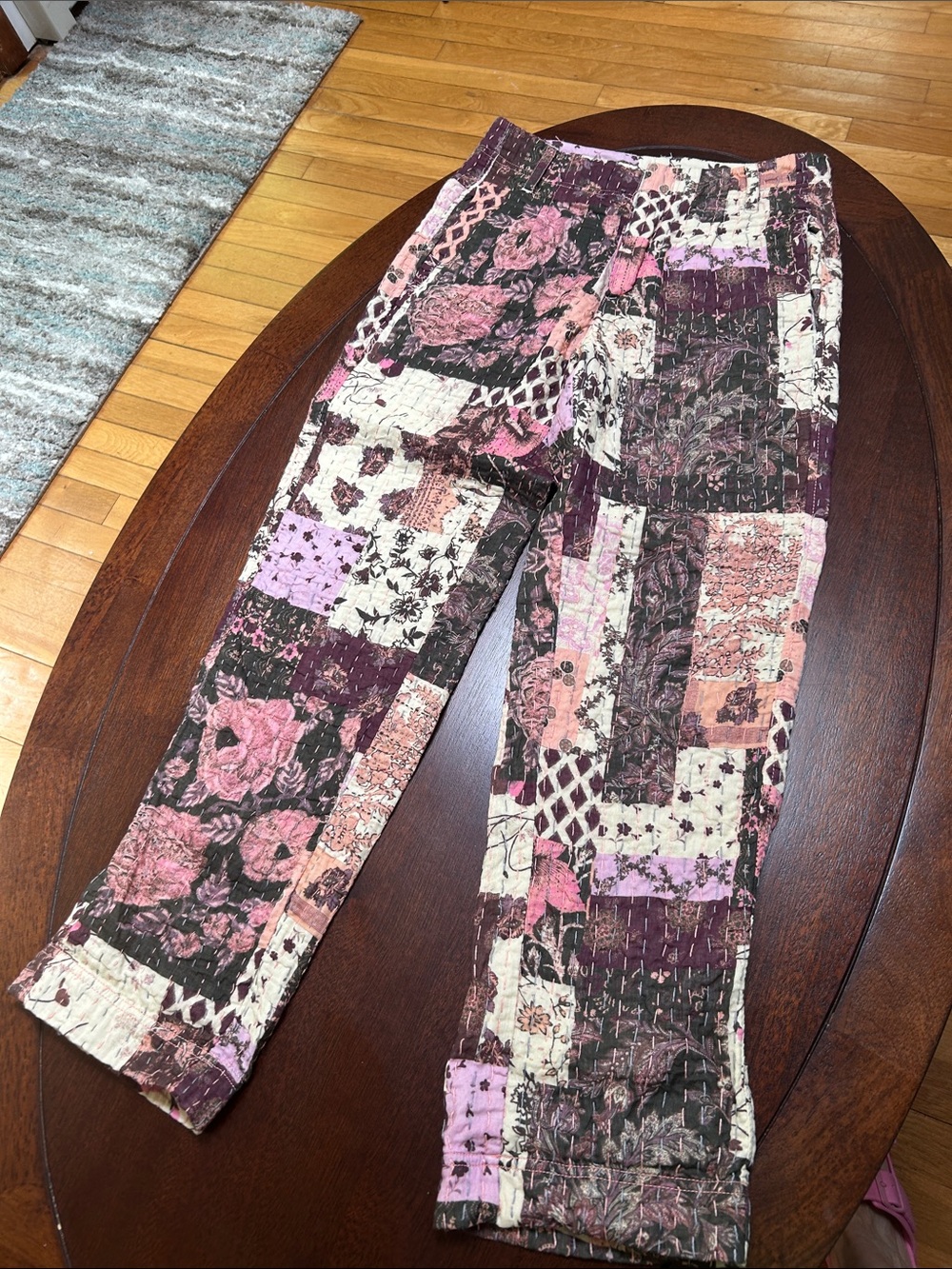 Patchwork Floral Print Casual Pants - Pink & Brown